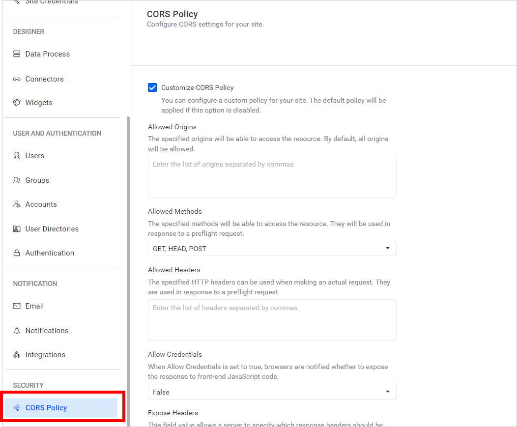 CORS settings