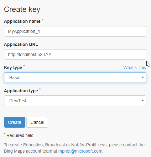 Bing Maps Key Form