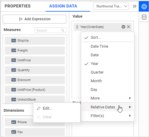 showing relative dates menu