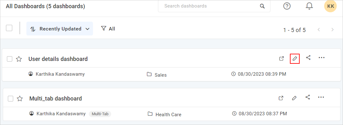 Edit dashboard icon