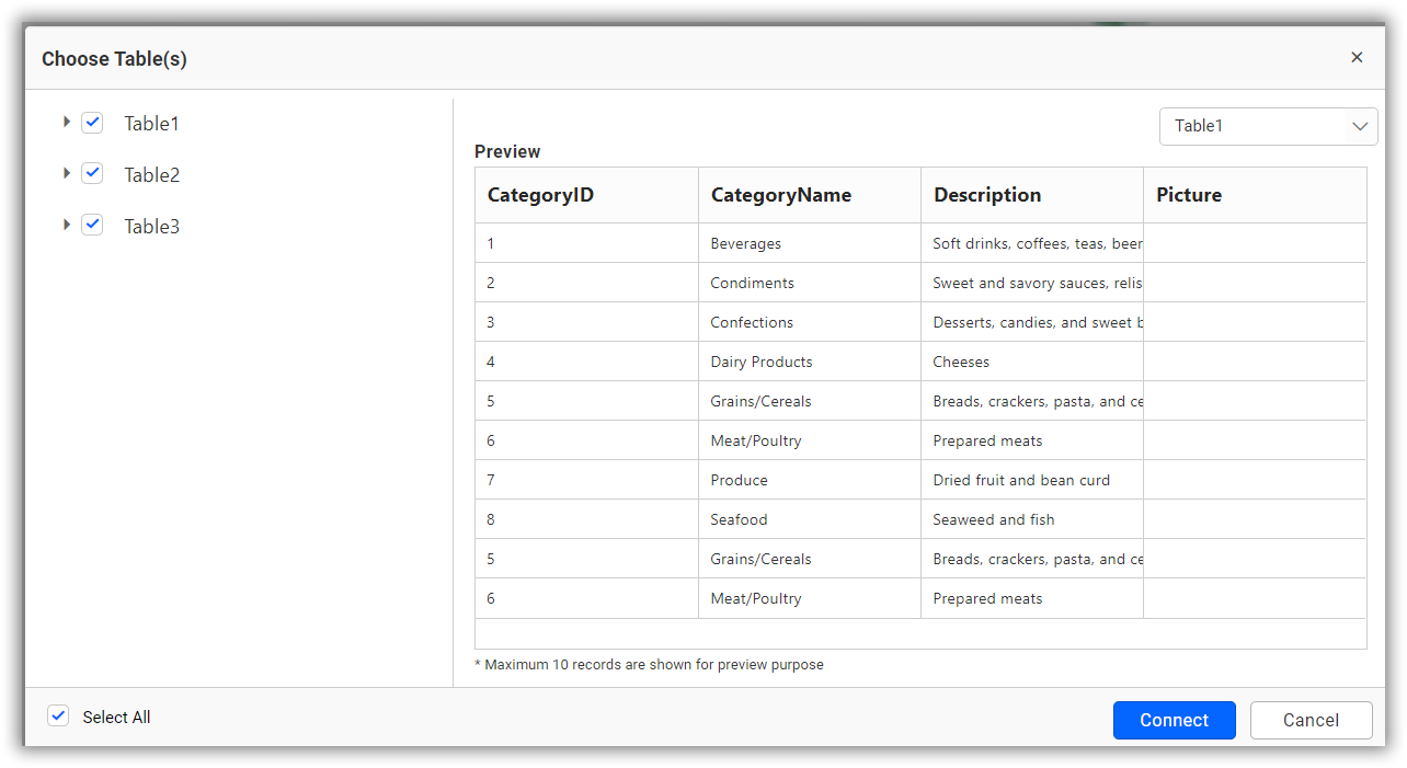 Import table preview