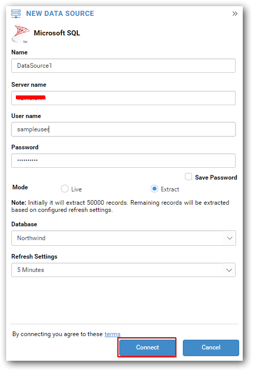 Connect data source in Extract mode